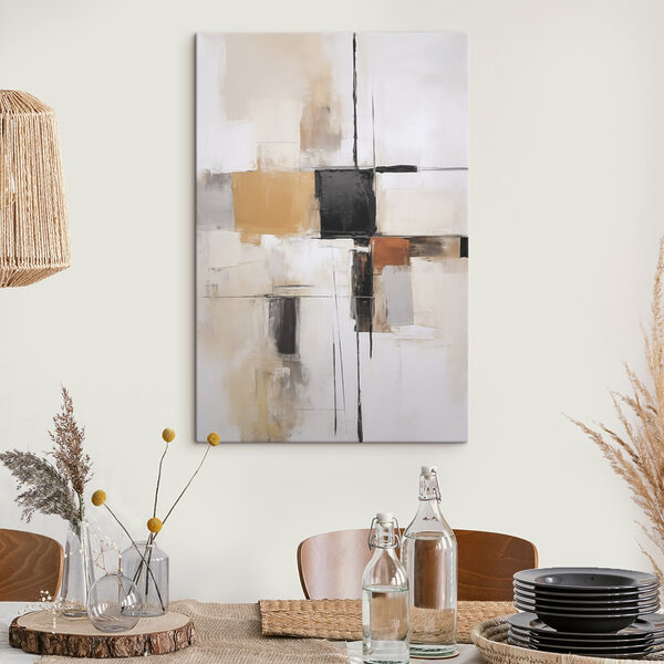 Painting of a white wall with black squares and brown squares