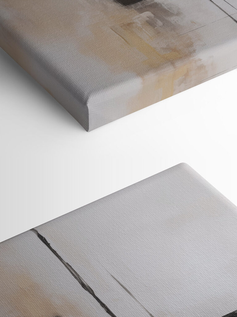 Painting of a white wall with black squares and brown squares