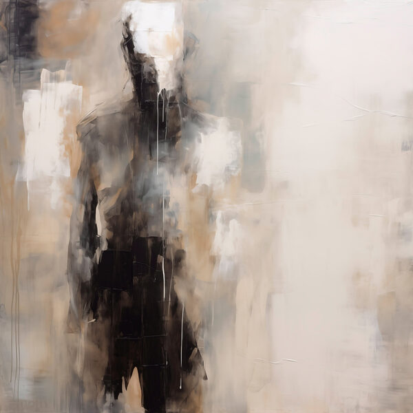 Painting of a person in black and white