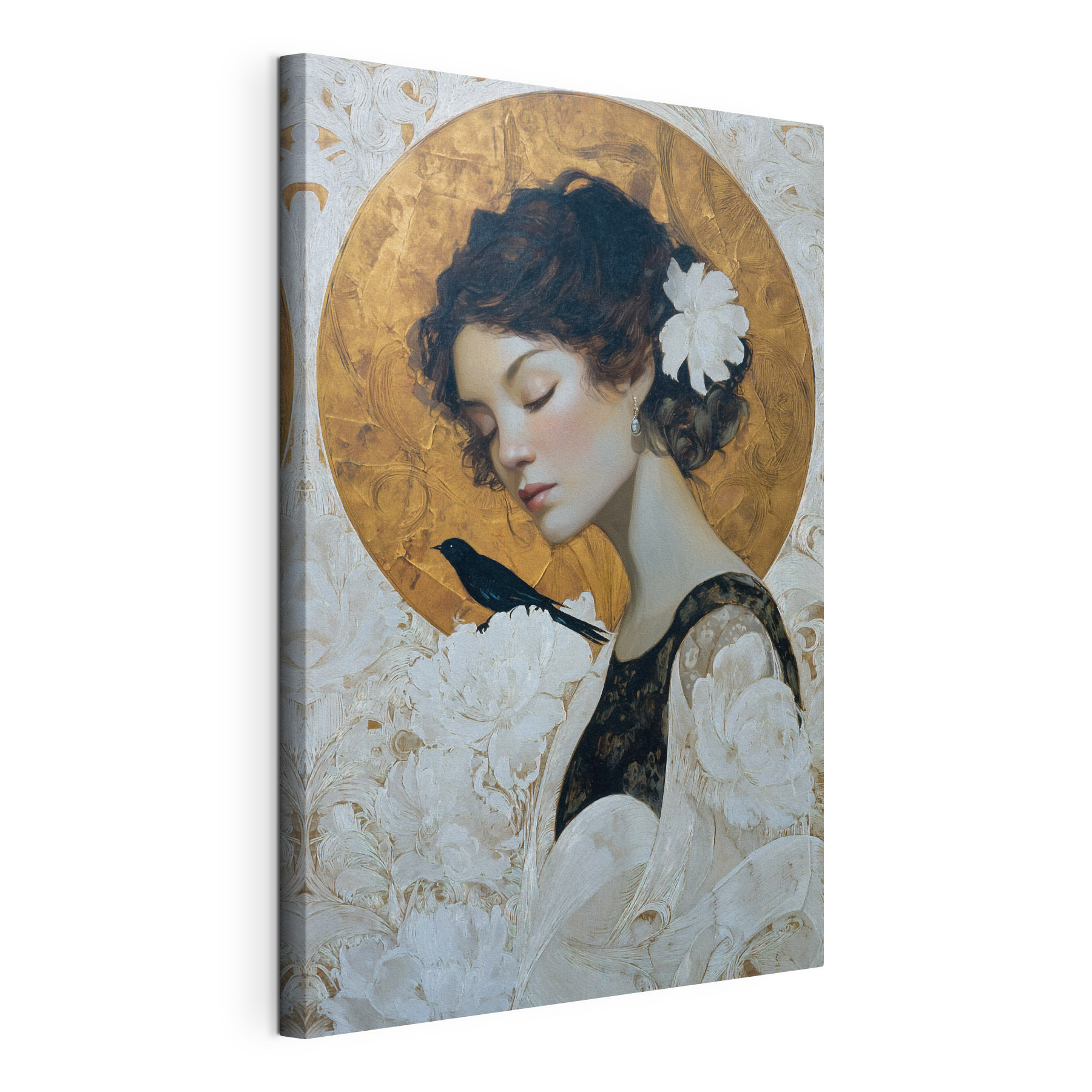 Painting of a woman with a bird on her shoulder