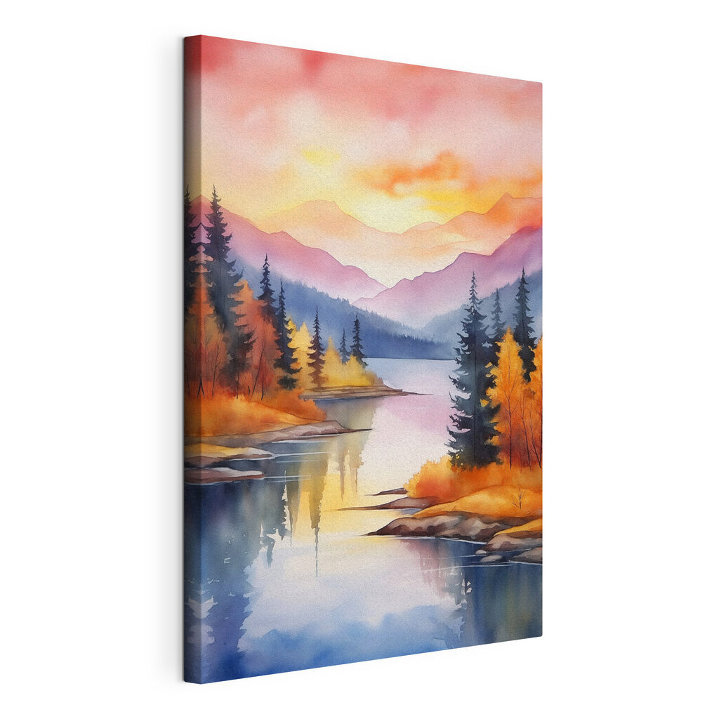 Watercolor painting of a lake surrounded by trees and mountains Watercolor painting of a lake surrounded by trees and mountains