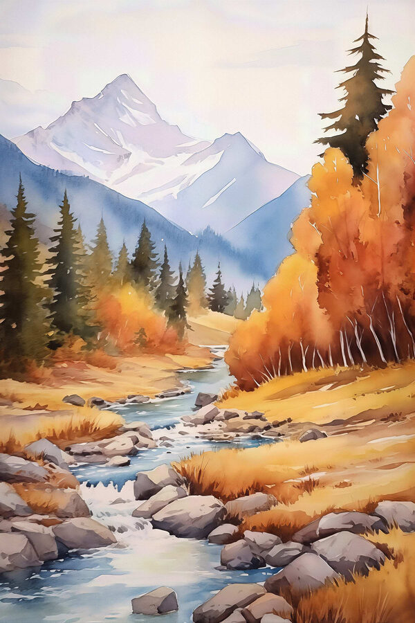 Watercolor painting of a river running through a forest Watercolor painting of a river running through a forest