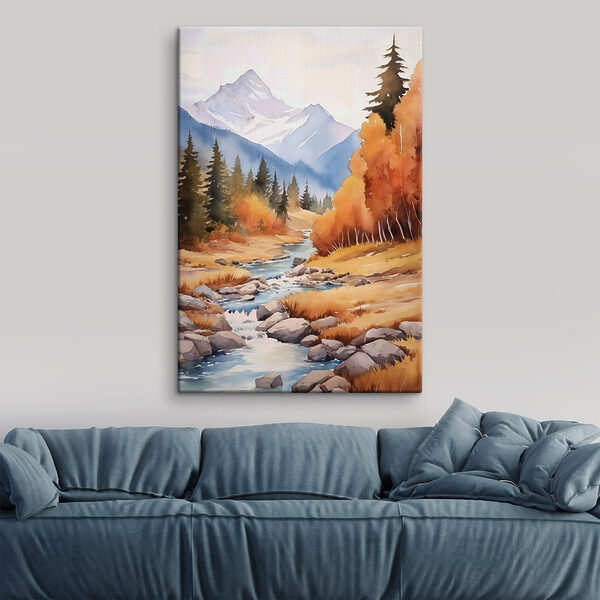 Watercolor painting of a river running through a forest Watercolor painting of a river running through a forest