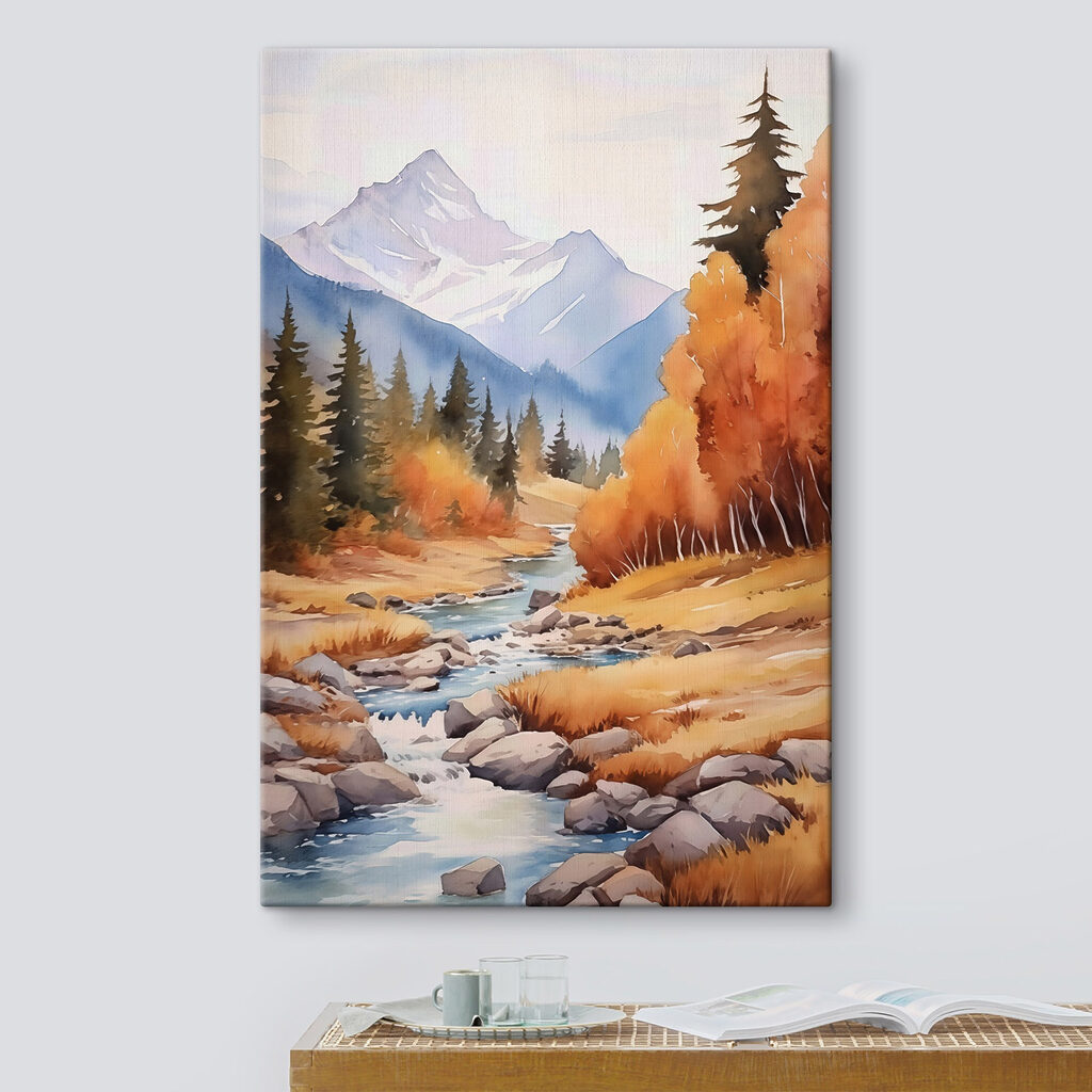 Watercolor painting of a river running through a forest Watercolor painting of a river running through a forest