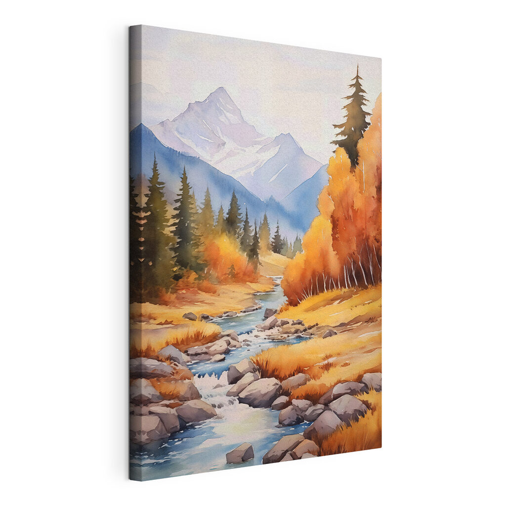 Watercolor painting of a river running through a forest Watercolor painting of a river running through a forest