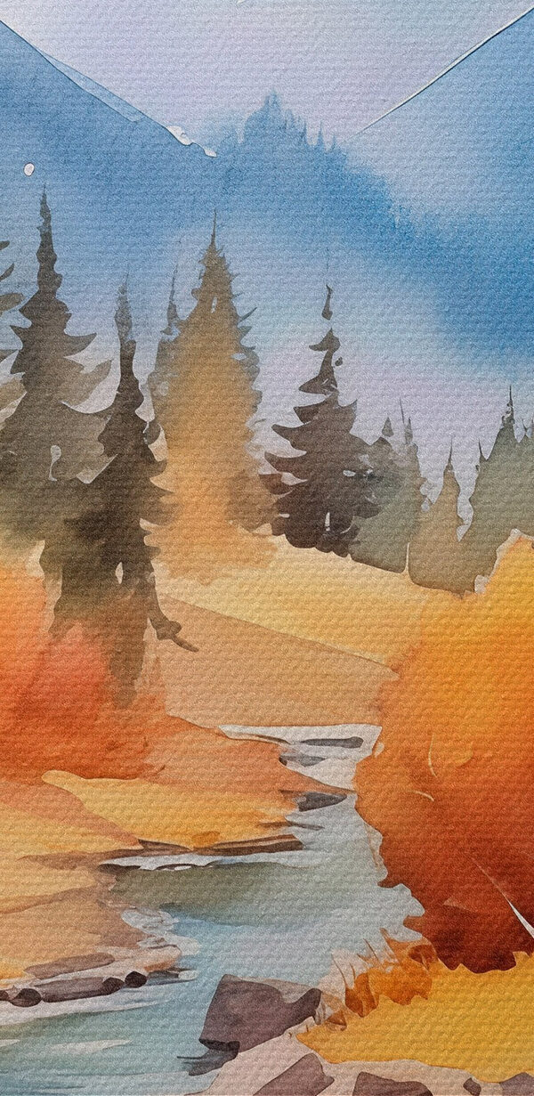 Watercolor painting of a river running through a forest Watercolor painting of a river running through a forest