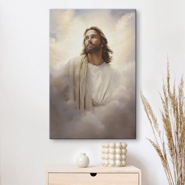 Man in white robe with clouds in the sky