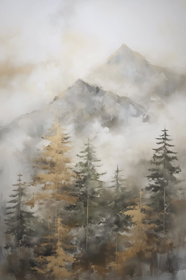 Painting of trees and mountains