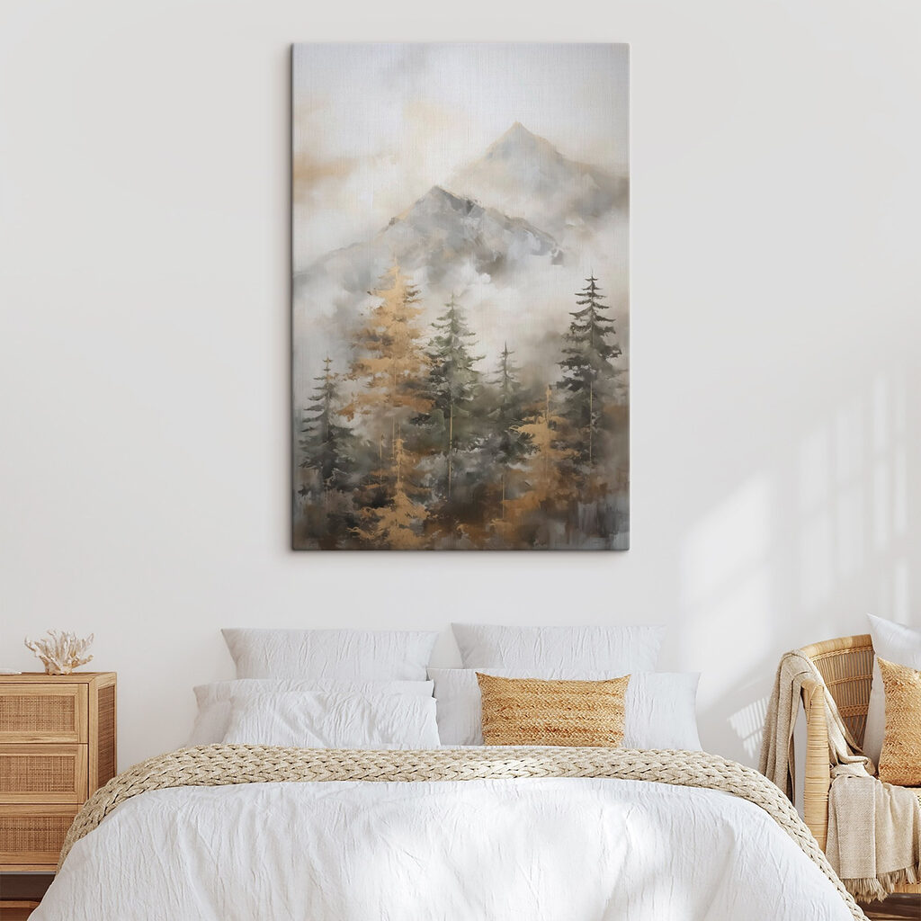 Painting of trees and mountains