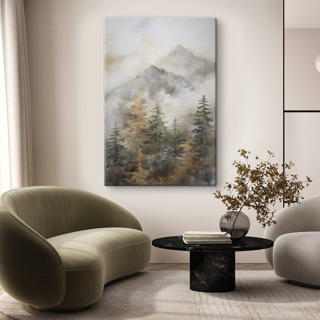 Painting of trees and mountains