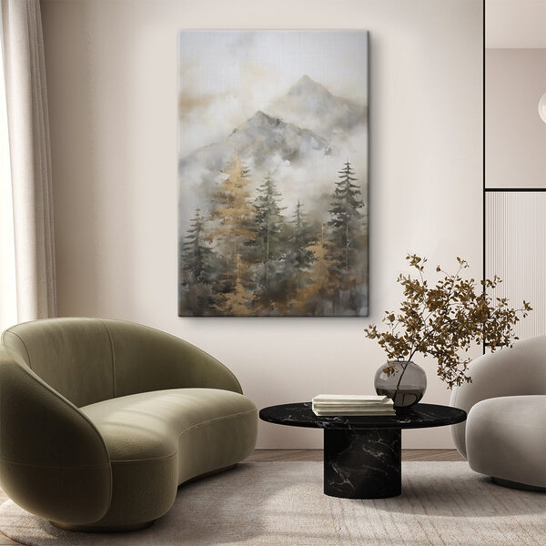 Painting of trees and mountains