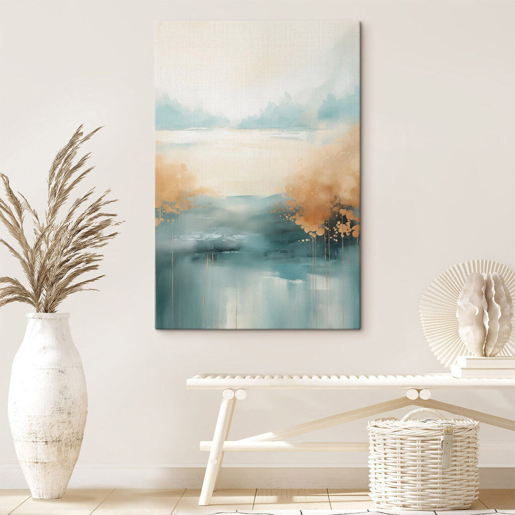 Painting of a landscape with trees and water