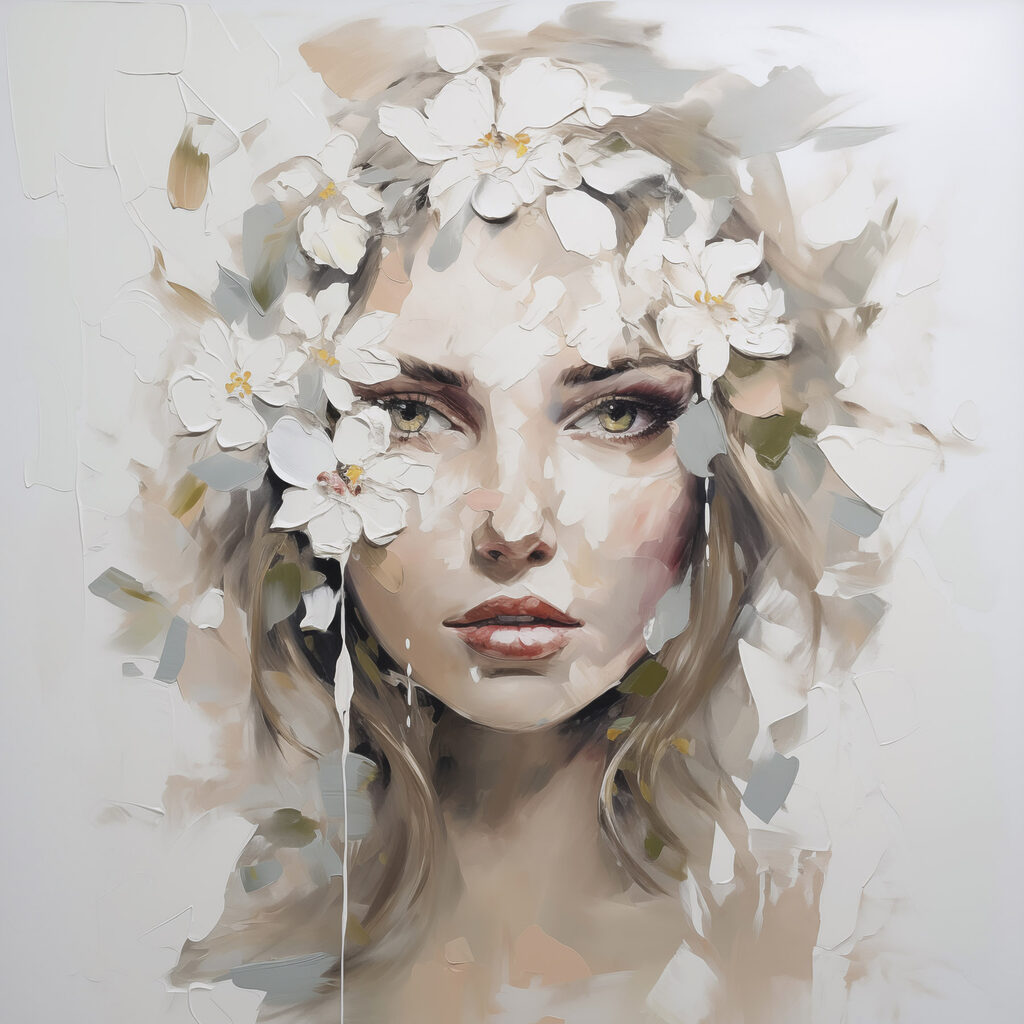 Painting of a woman with flowers on her head Painting of a woman with flowers on her head