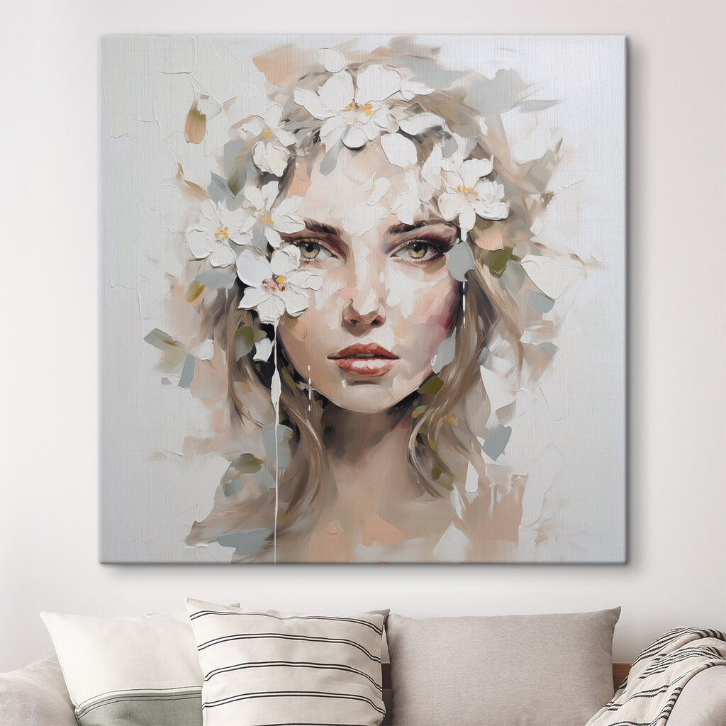 Painting of a woman with flowers on her head Painting of a woman with flowers on her head
