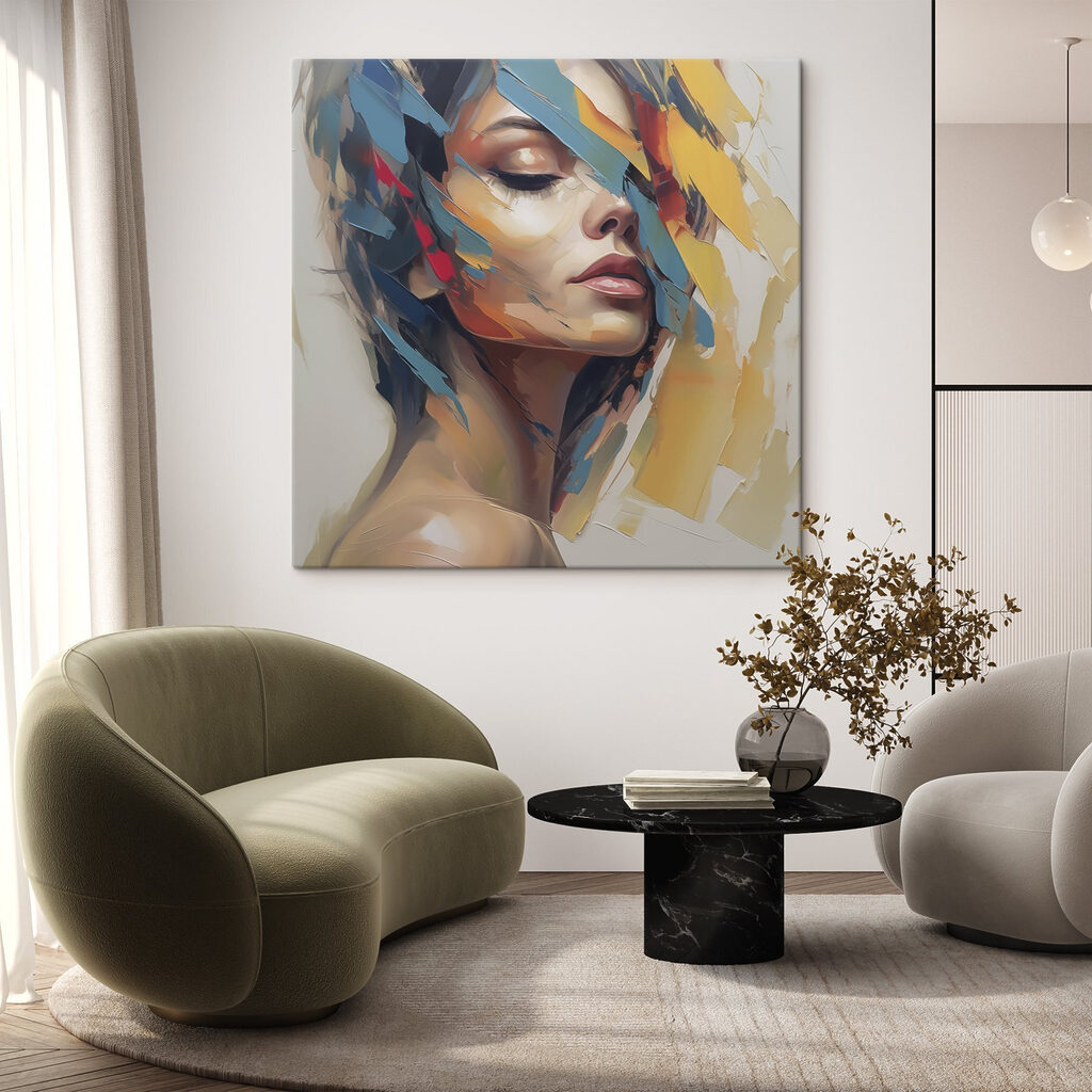 Painting of a woman with colorful paint on her face Painting of a woman with colorful paint on her face