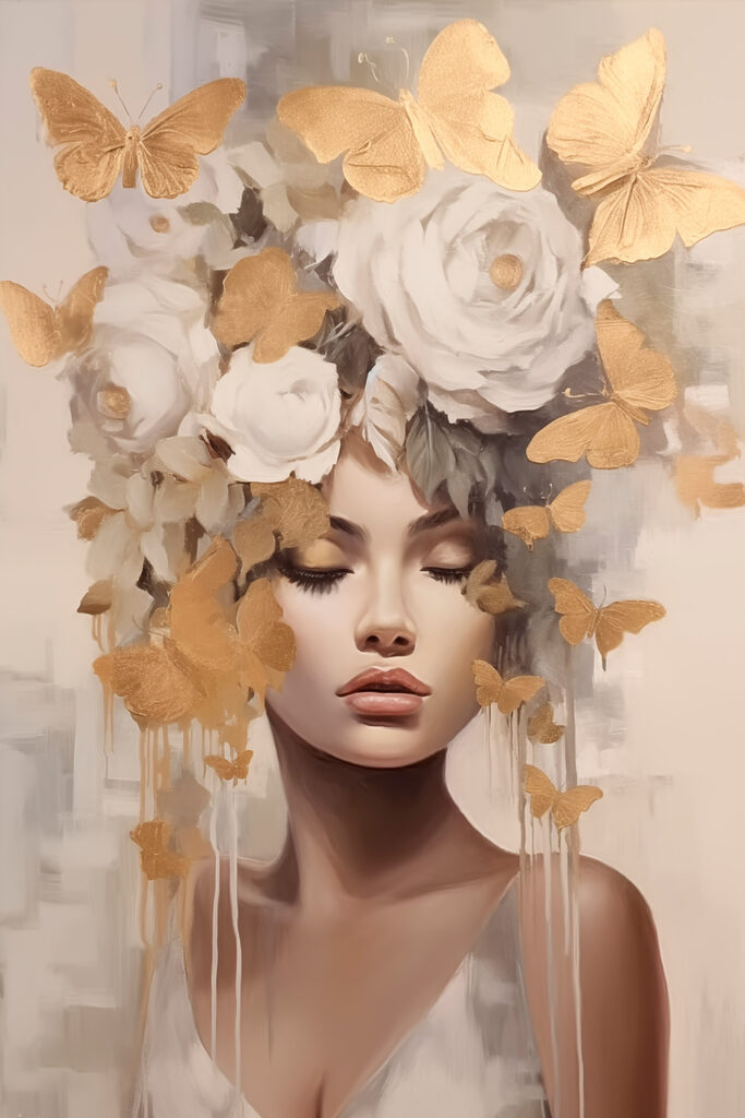 Painting of a woman with flowers and butterflies