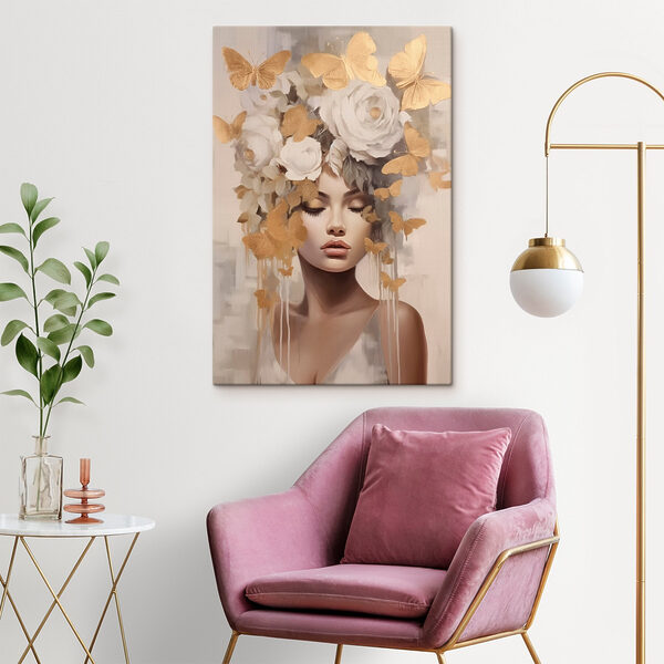 Painting of a woman with flowers and butterflies