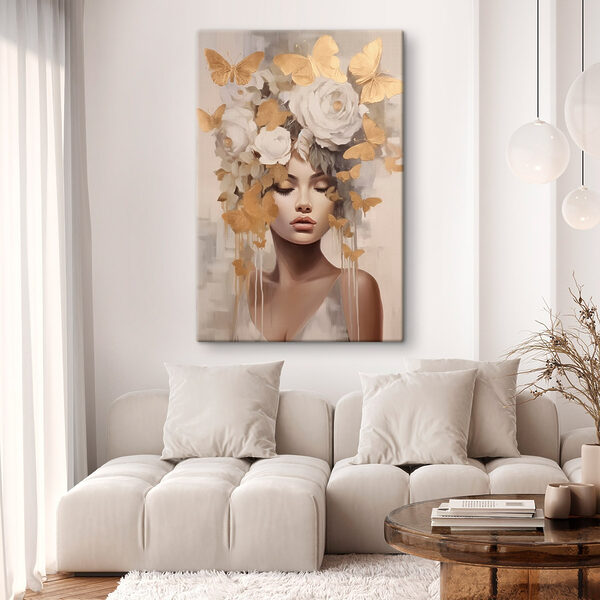Painting of a woman with flowers and butterflies