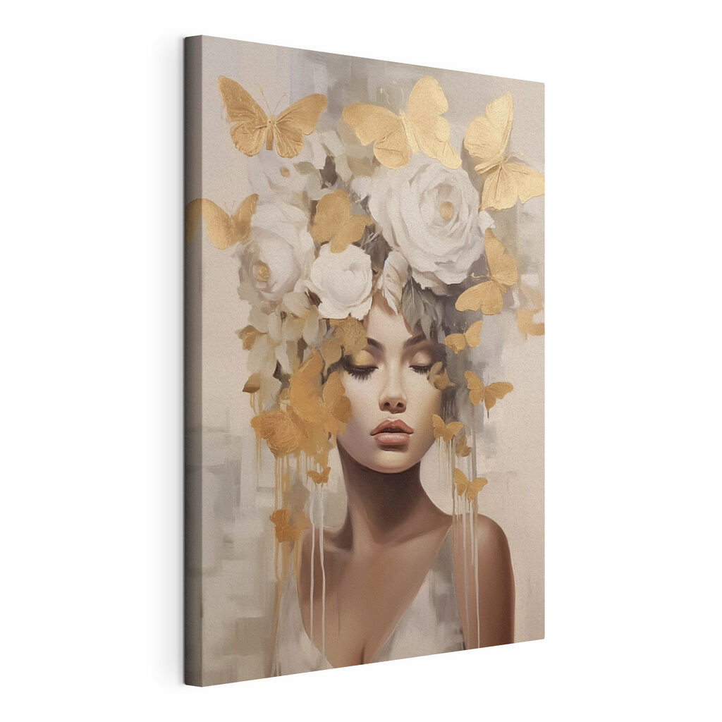Painting of a woman with flowers and butterflies