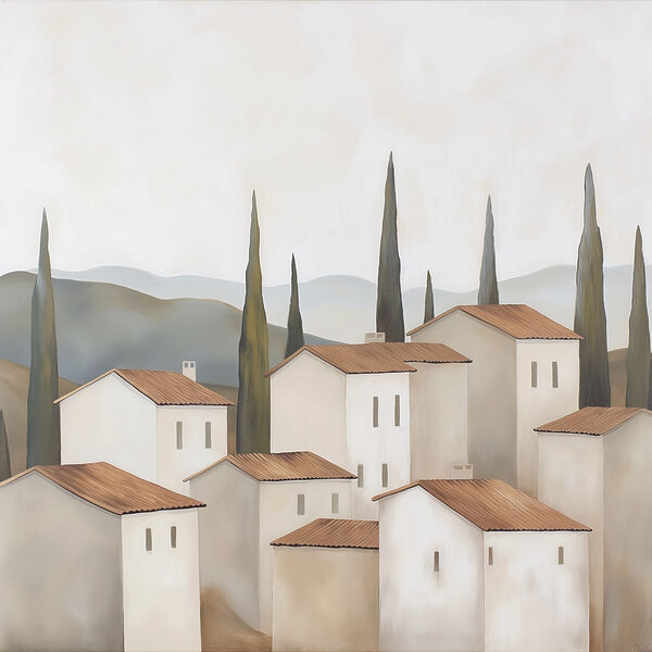 Group of white buildings with brown roofs and trees Group of white buildings with brown roofs and trees