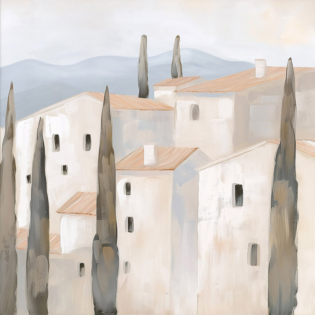 Painting of a group of buildings Painting of a group of buildings