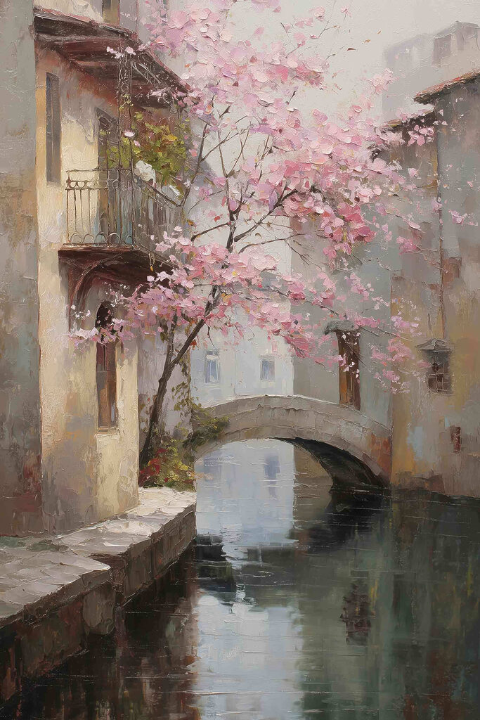 Painting of a river with a pink tree and a bridge Painting of a river with a pink tree and a bridge