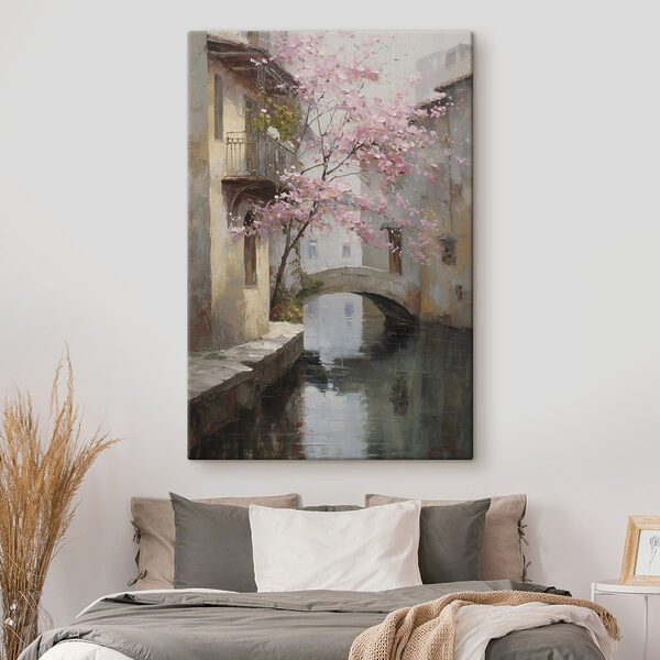 Painting of a river with a pink tree and a bridge Painting of a river with a pink tree and a bridge