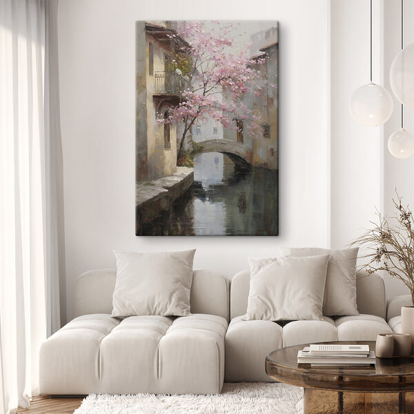 Painting of a river with a pink tree and a bridge Painting of a river with a pink tree and a bridge