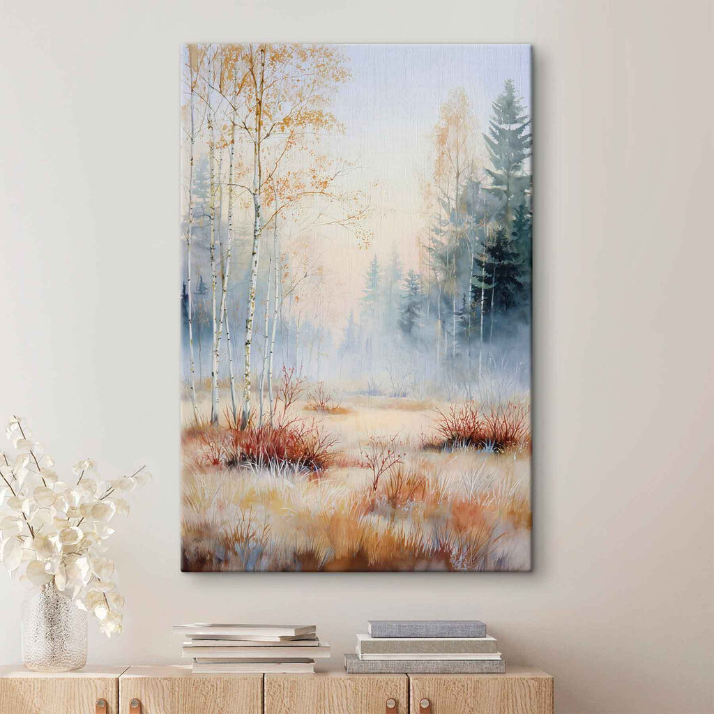Painting of a forest with fog Painting of a forest with fog