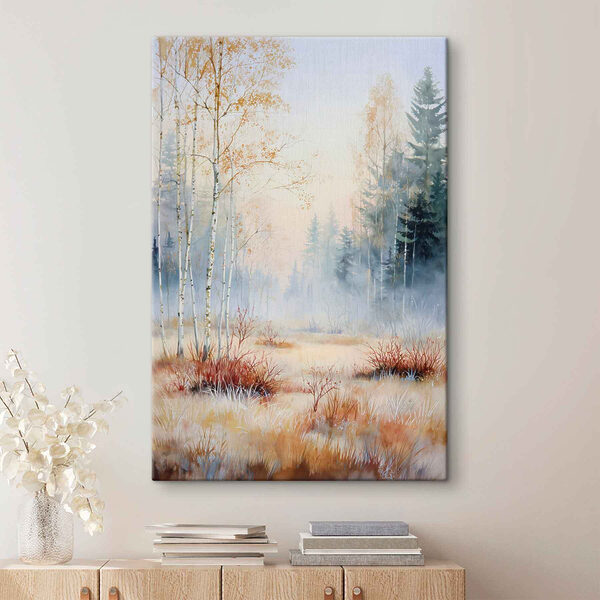 Painting of a forest with fog Painting of a forest with fog