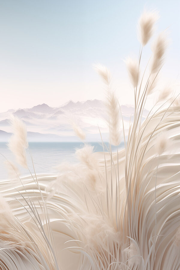 White grass with a mountain in the background