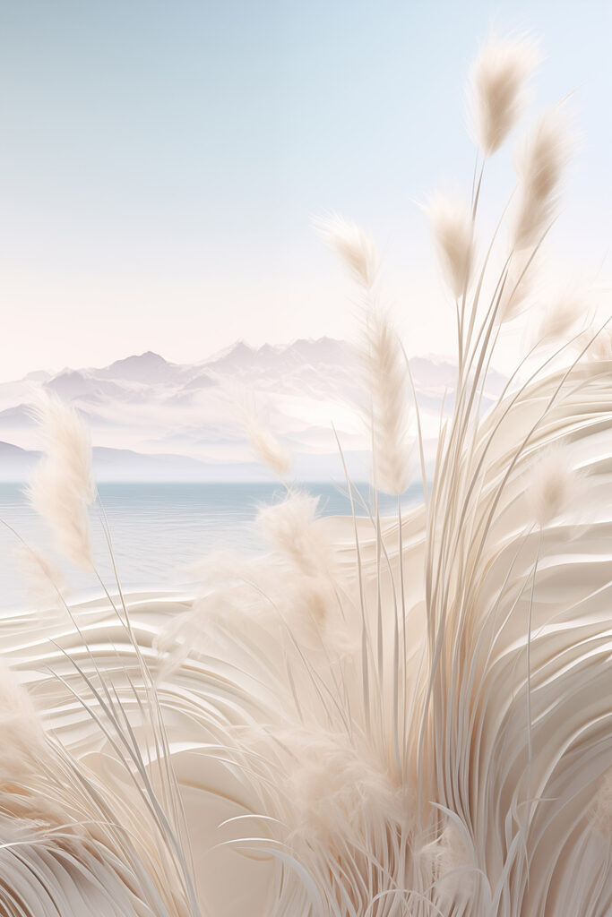 White grass with a mountain in the background