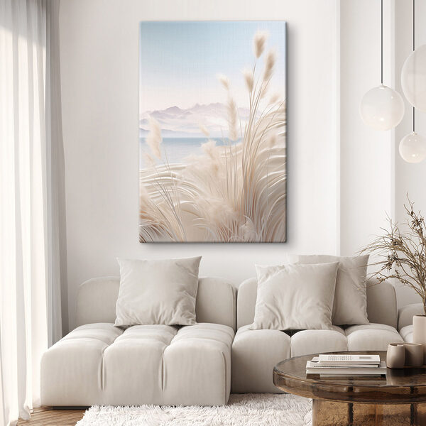 White grass with a mountain in the background