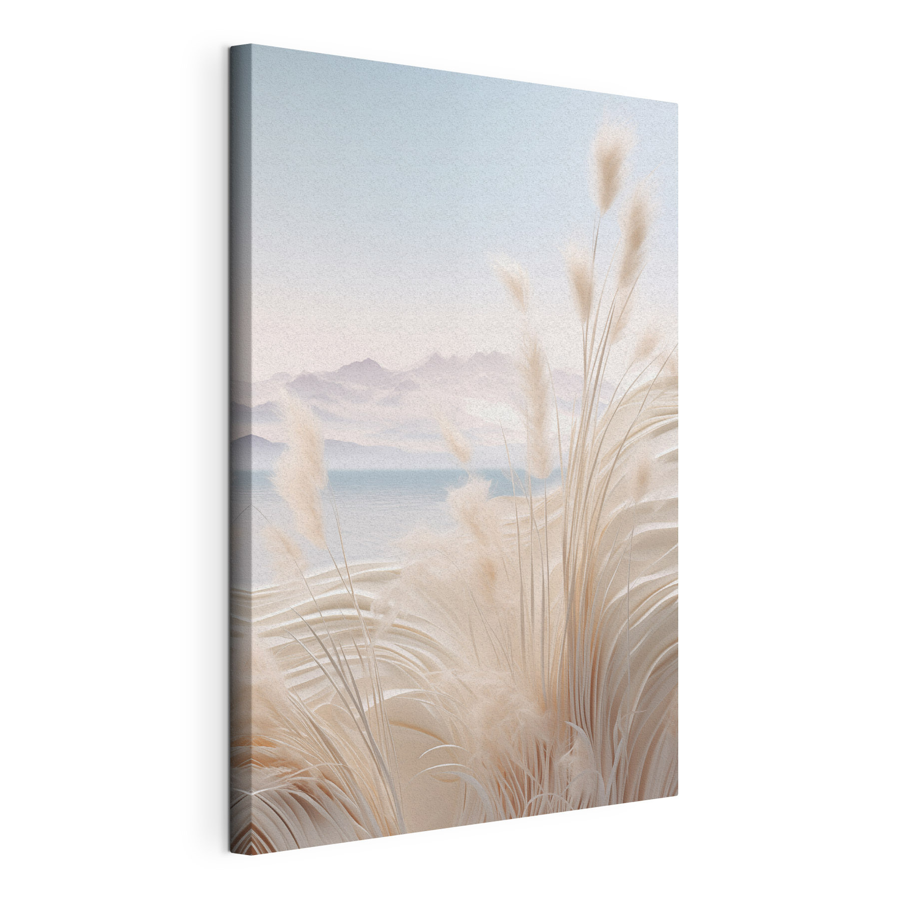 White grass with a mountain in the background