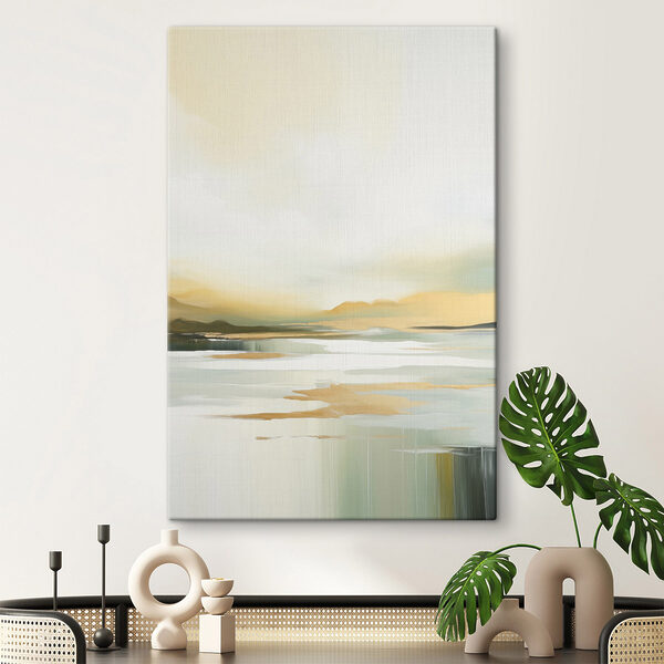 Painting of a lake with mountains in the background