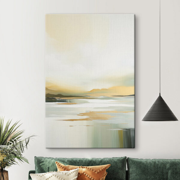 Painting of a lake with mountains in the background