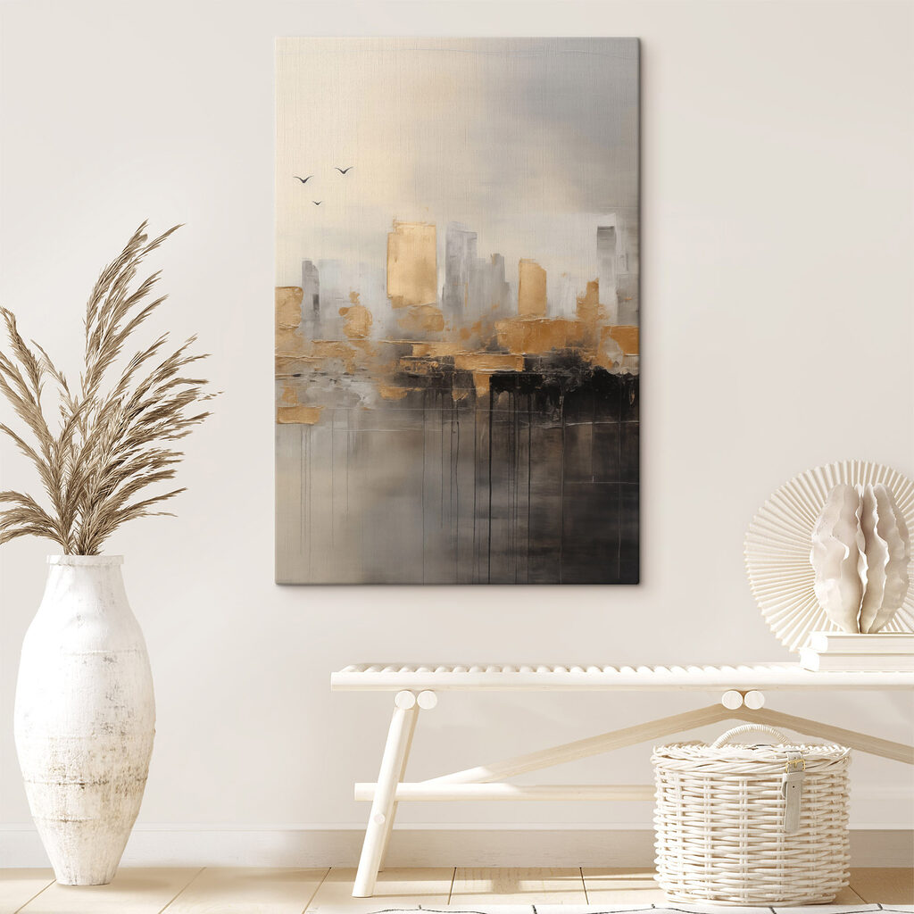 Painting of a city with birds flying in the sky Painting of a city with birds flying in the sky