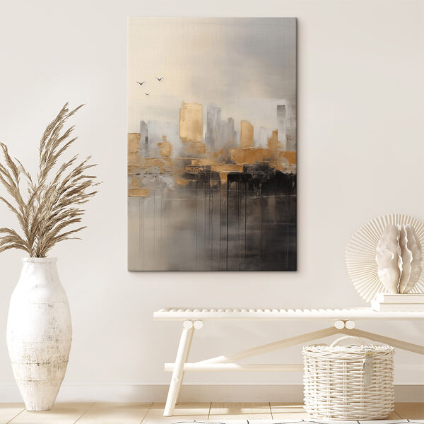 Painting of a city with birds flying in the sky Painting of a city with birds flying in the sky