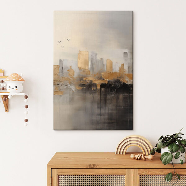 Painting of a city with birds flying in the sky Painting of a city with birds flying in the sky