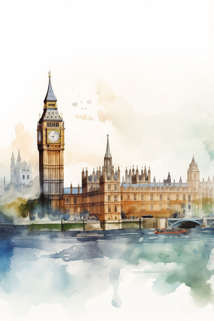 Watercolor of a building with a clock tower Watercolor of a building with a clock tower