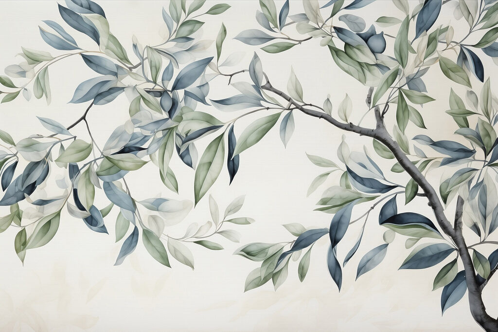Painting of a tree branch with leaves