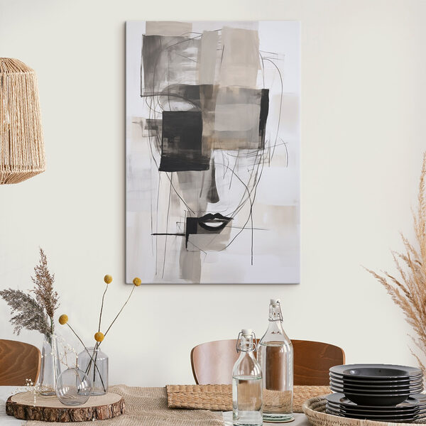 Painting of a face with black and white squares and lines