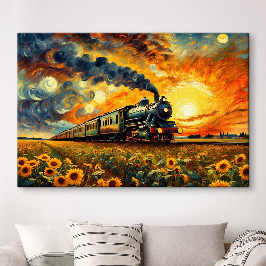 Train on the tracks with sunflowers and smoke coming out of the engine Train on the tracks with sunflowers and smoke coming out of the engine