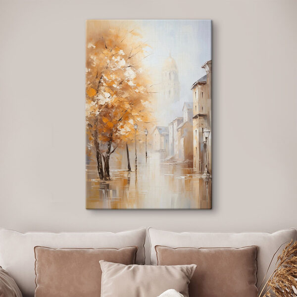Painting of a street with trees and buildings in the background
