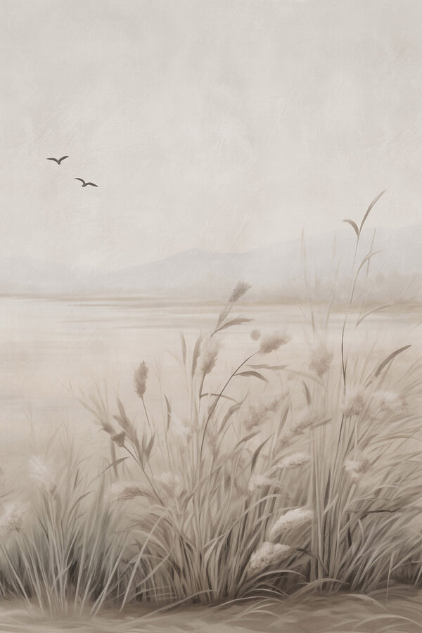 Painting of a field of grass and birds flying in the sky
