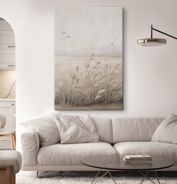 Painting of a field of grass and birds flying in the sky