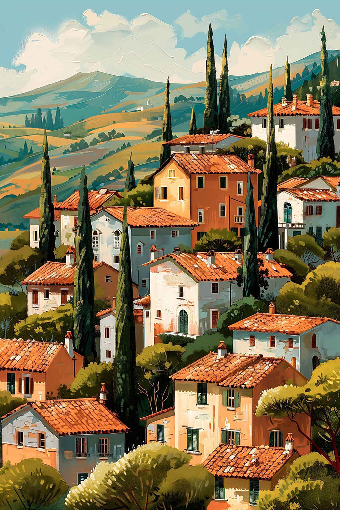 Group of houses with trees and hills in the background