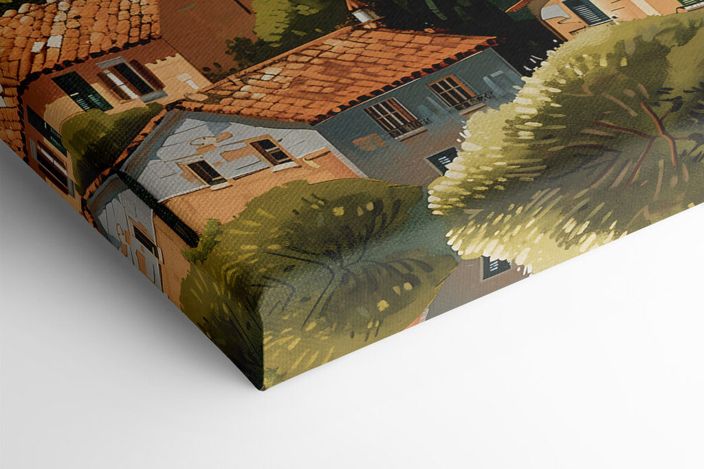 Group of houses with trees and hills in the background