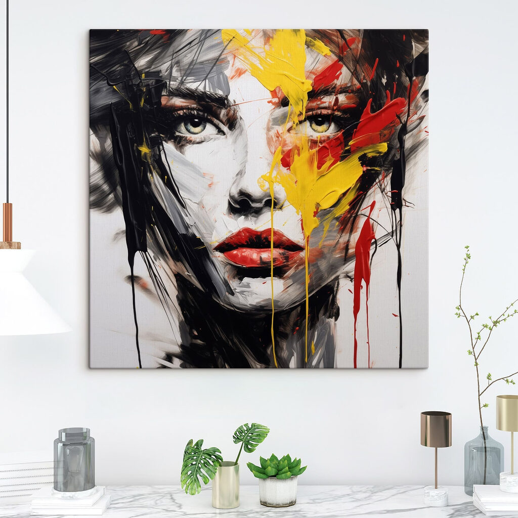 Painting of a woman's face with red yellow and black paint Painting of a woman's face with red yellow and black paint