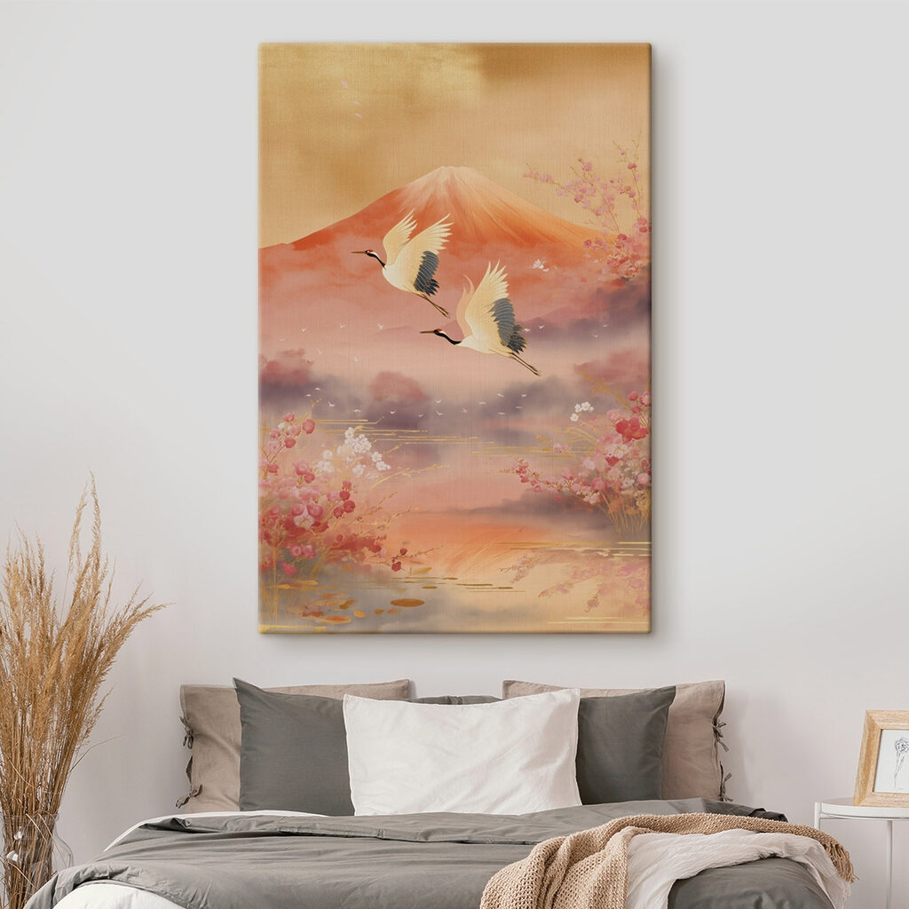 Painting of birds flying over a mountain Painting of birds flying over a mountain